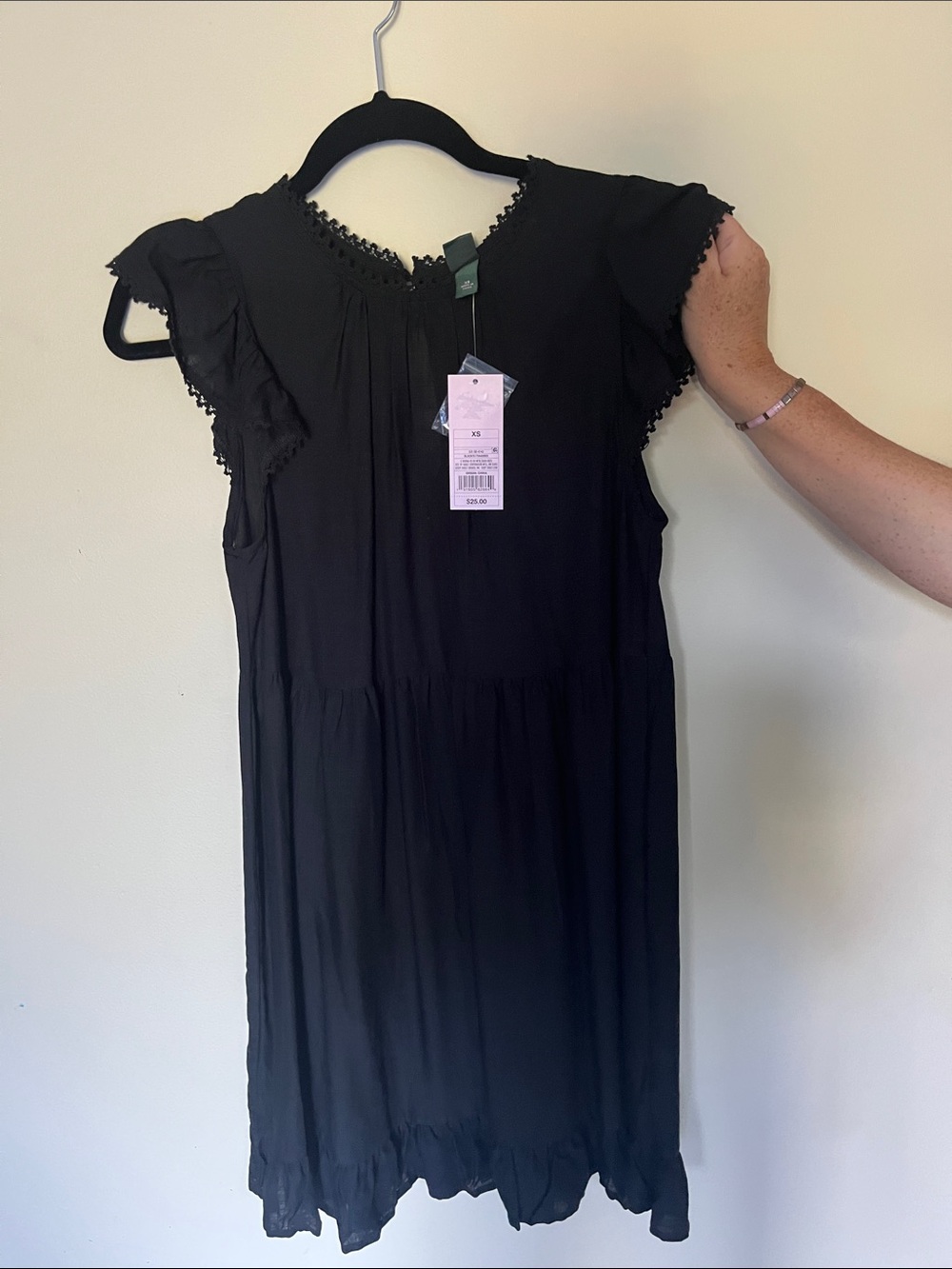 wild fable Black Short Sleeve Tiered Dress with Lace Trim